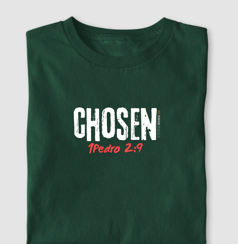 Camiseta cristã marca Eterno King com frases de fé "CHOSEN" em letras branca