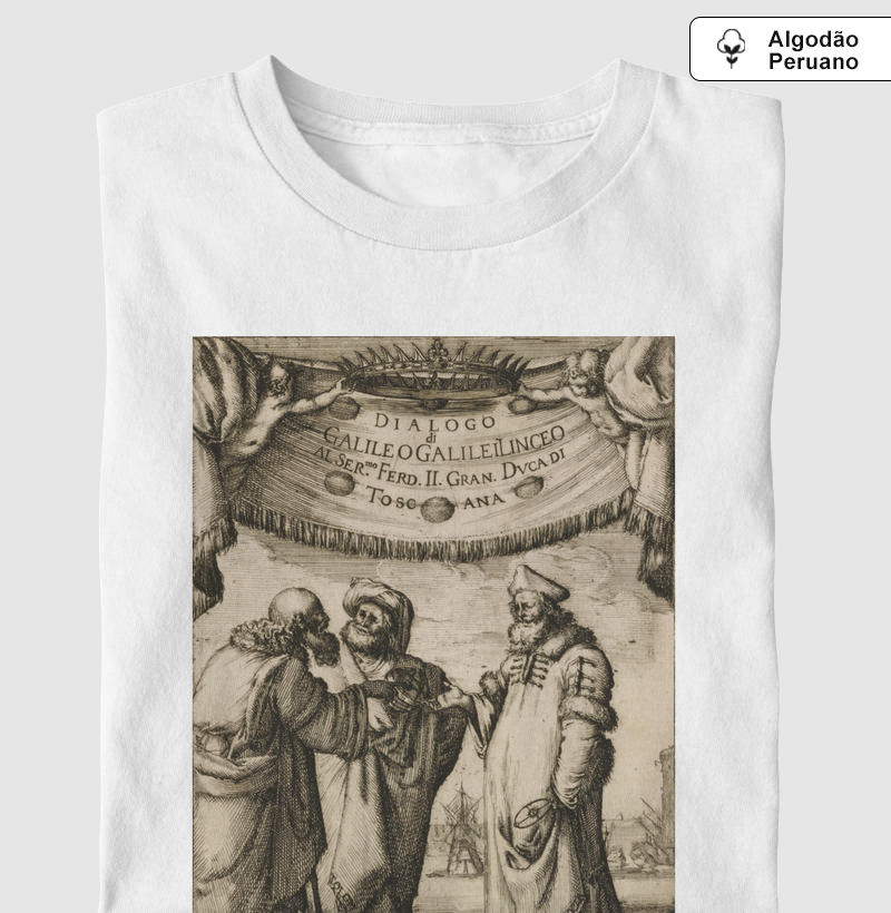 Camiseta de Algodão Peruano O Diálogo de Galileu 1632: Ciência e Cosmos