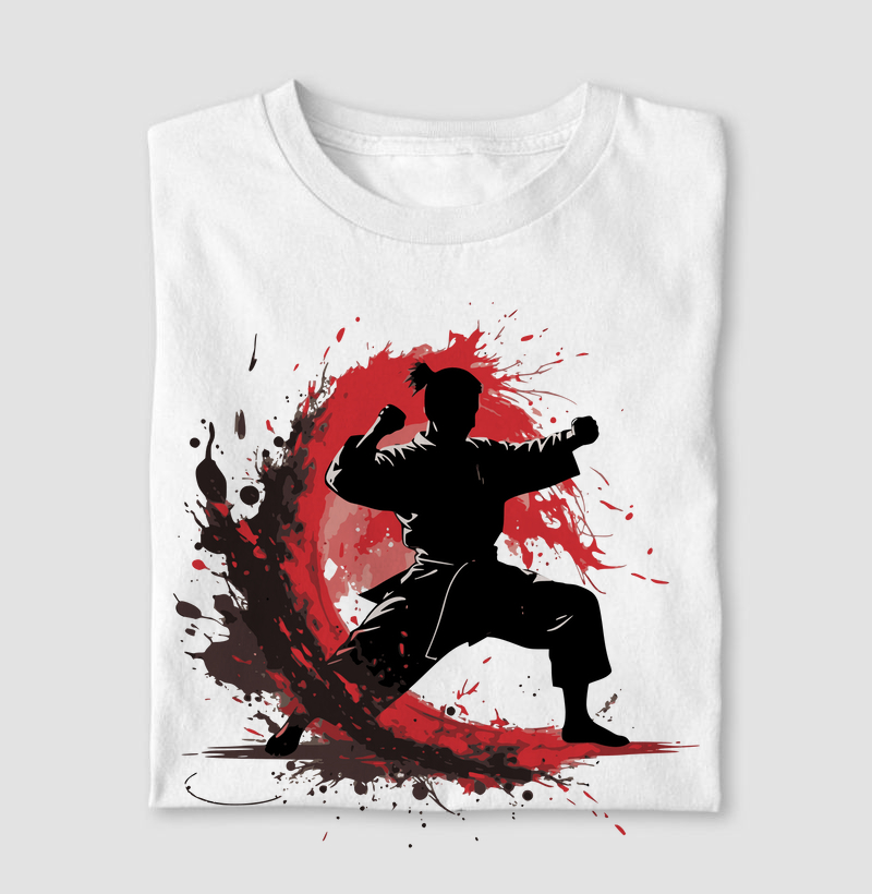 Estampa de Artes Marciais | Design com Silhueta de Lutador em Movimento Explosivo | Camiseta Exclusiva e Poderosa