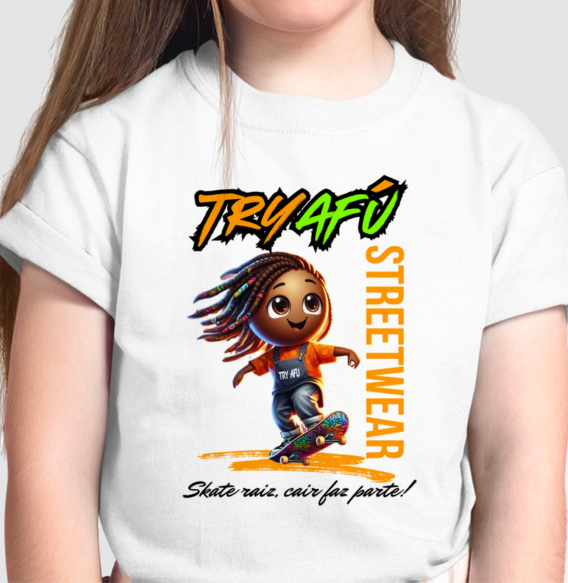 🔥🛹 CAMISETA INFANTIL TRY AFÚ – SKATE RAIZ: CAIR FAZ PARTE! 🛹💥