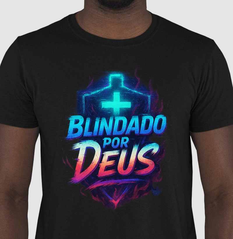 Camiseta Blindado por Deus – Estilo Glitch Cyberpunk Gospel