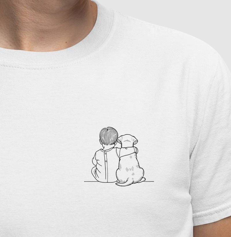 Abraço - bebê menino e cachorro pequeno (minimalista)