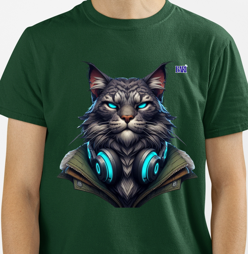 Camiseta com Estampa de Rosto de Gato com Fone 