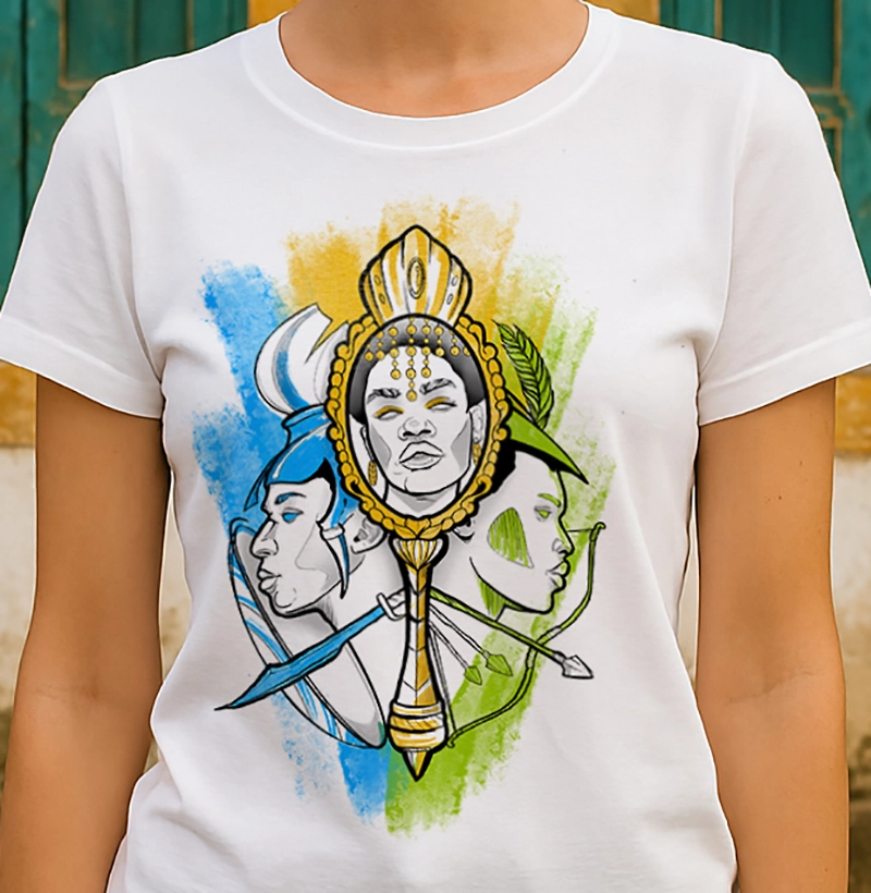Camiseta Axé e Proteção: Oxum, Ogum e Oxóssi