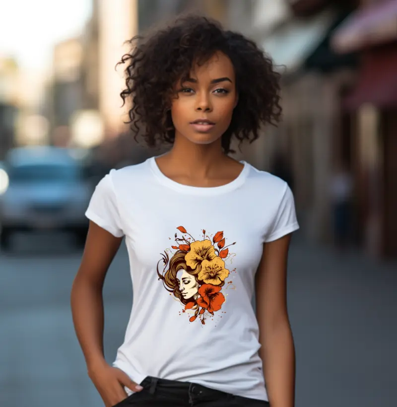 Camiseta Retrato Floral - Uma Fusão de Feminilidade, Arte e Natureza