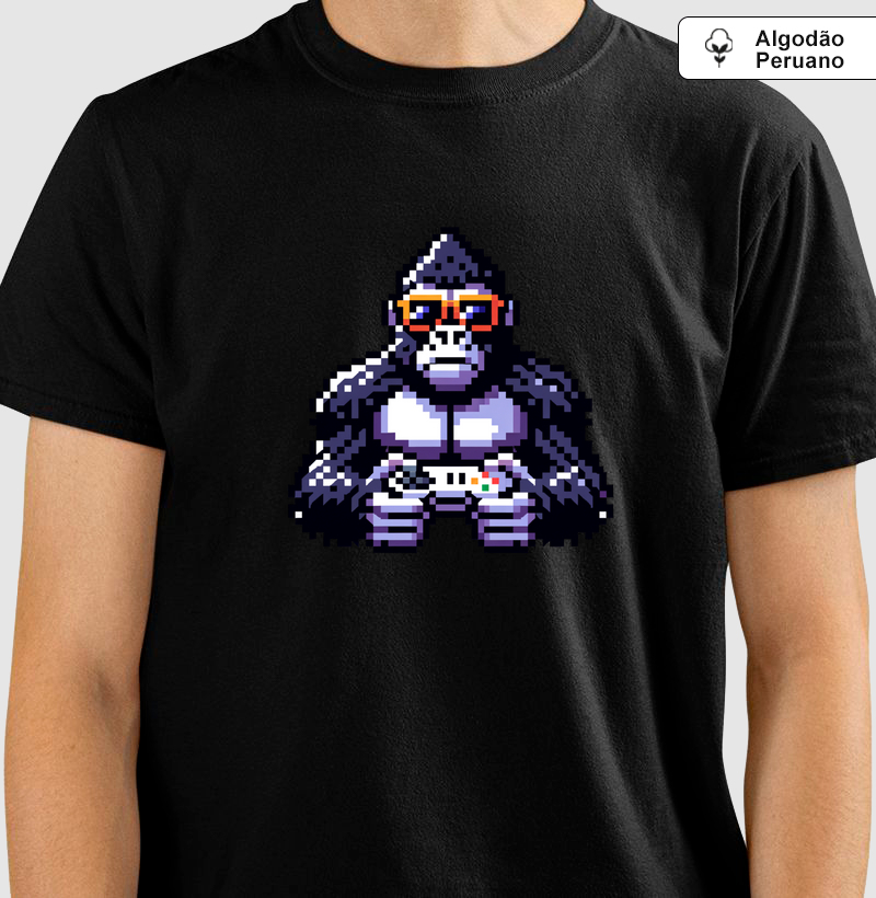 Camiseta “Gorila Gamer Pixel" em Algodão Peruano