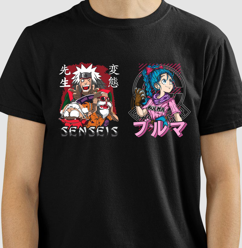 Camiseta Senseis e Bulma – Naruto & Dragon Ball