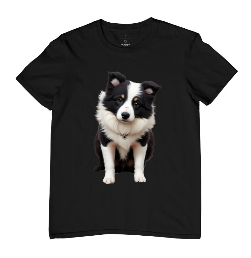 Camiseta estampa de Border Collie preto e branco