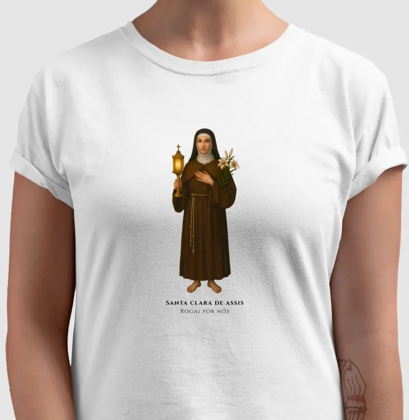 Camiseta Católica - Santa Clara de Assis - Rogai por nós