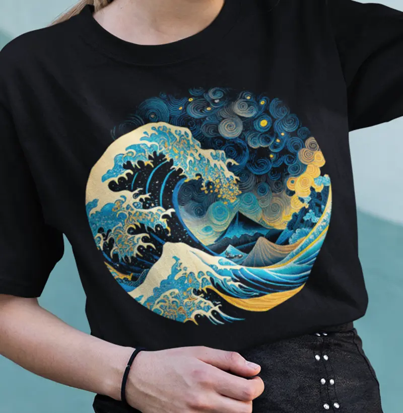 "Onda Japonesa Estrelada: Camiseta que Funde a Arte de Van Gogh com a Beleza do Japão!"