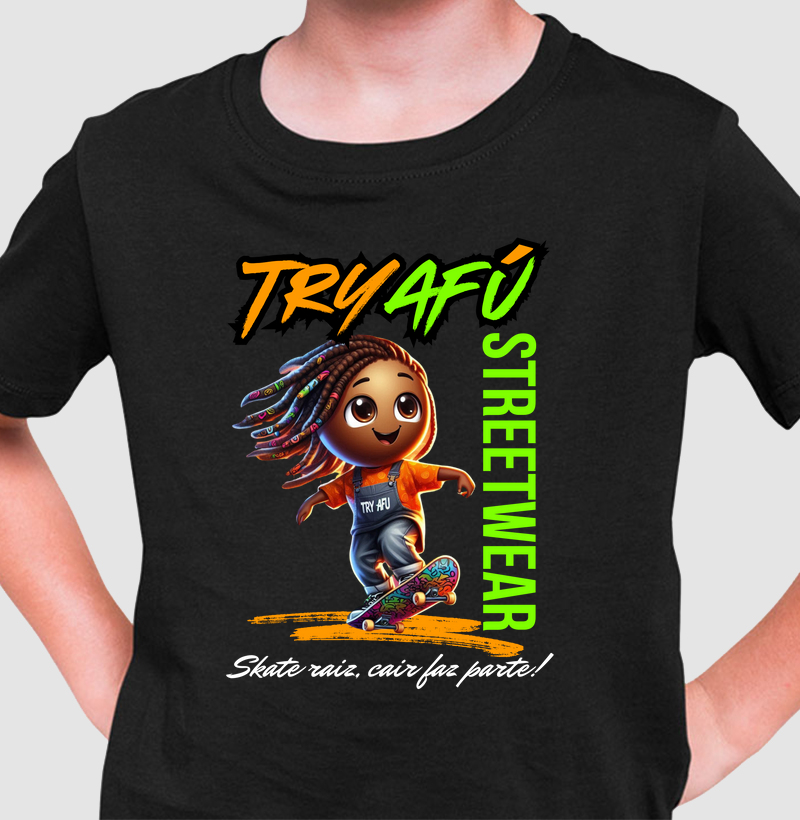 🔥🛹 CAMISETA INFANTIL TRY AFÚ – SKATE RAIZ: CAIR FAZ PARTE!  🛹💥