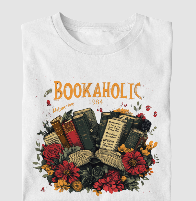 BOOKAHOLIC 1984 – CAMISETA FLORAL LITERÁRIA