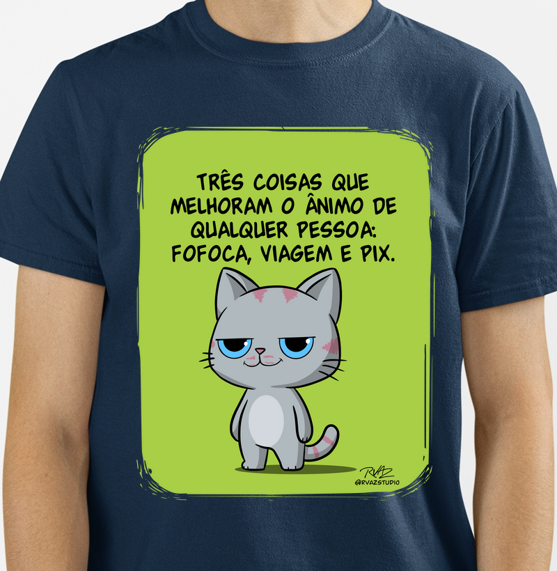 Camiseta Gato Sincero Fofoca Viagem e Pix