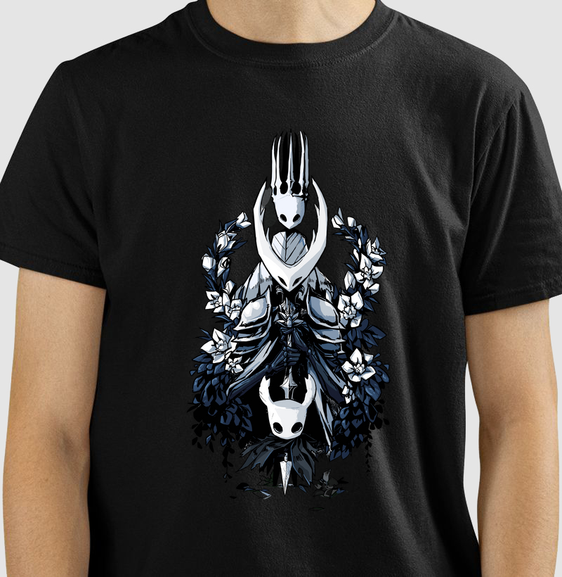 Algodão Premium “Hollow Knight Silksong – Pure Vessel & Mask” – Arte Dark Floral (PP ao 4G)