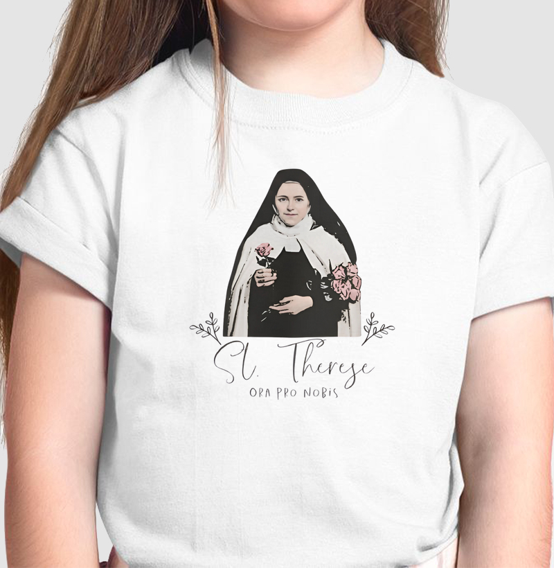 Camiseta Infantil Santa Teresinha Ora Pro Nobis em Algodão