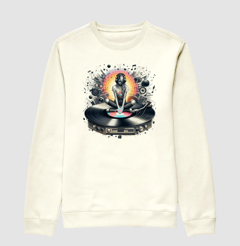 Estampa Garota Ouvindo Música em Vitrola com Disco de Vinil 