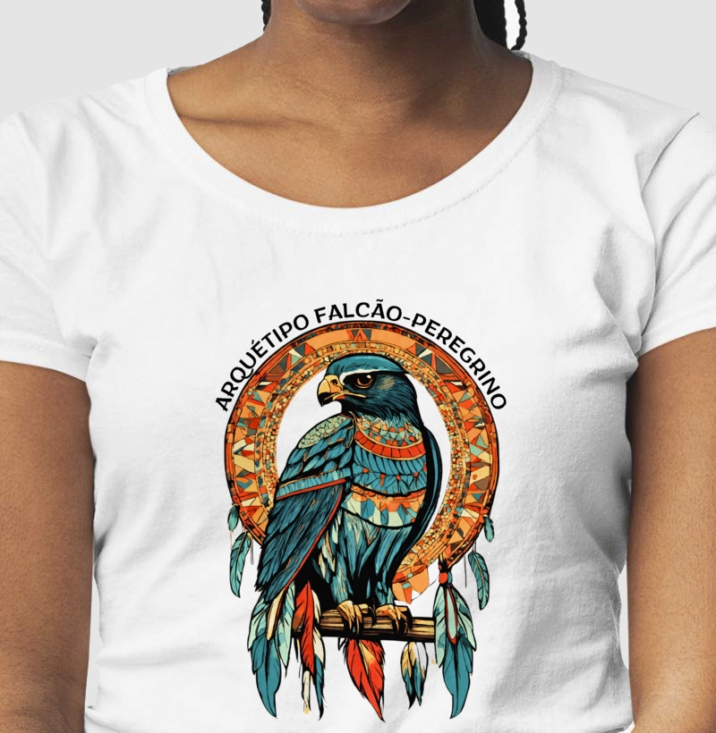 Camiseta Feminina Arquétipo Falcão-Peregrino Xamã Logo Falcon Custon Cor Preta