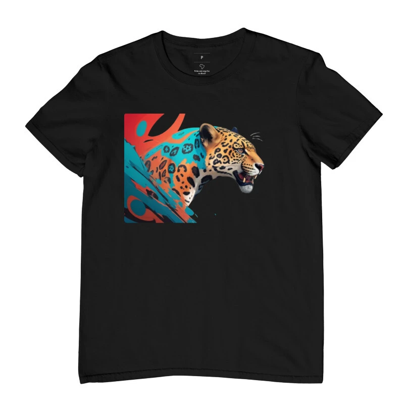 Camiseta onça aquarela acabamento do lado esquerdo