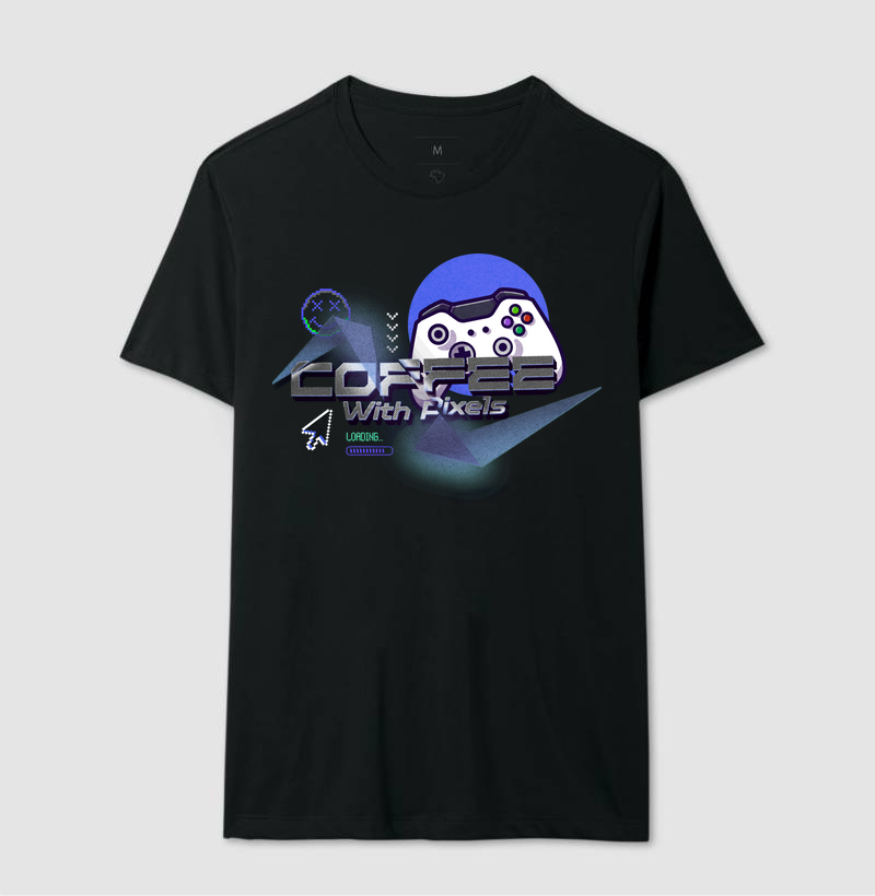 Camiseta "Coffee With Pixels" - Edição Gamer