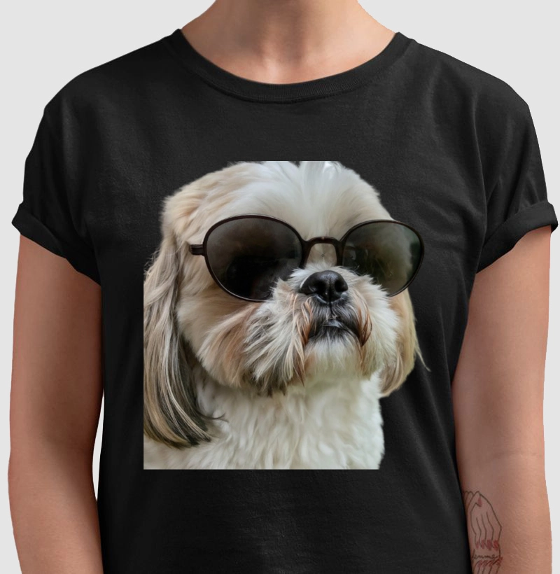 Camiseta Shih Tzu Branco de Óculos Escuros 