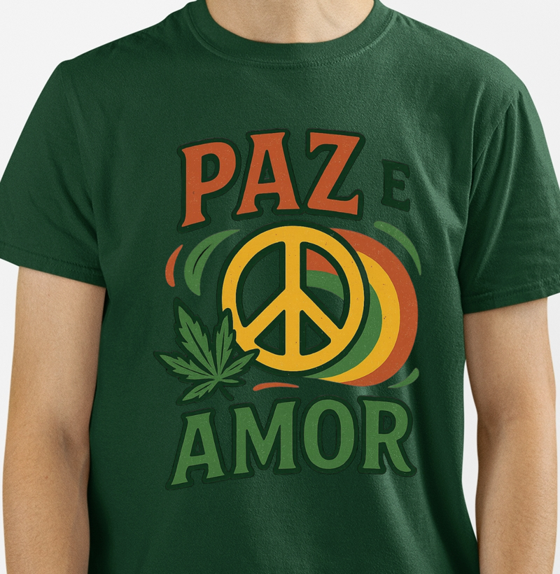 camiseta algodão estampa Reggae paz e amor