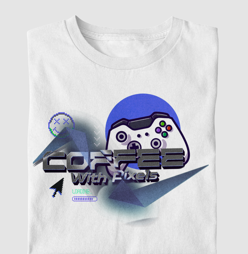 Camiseta Infantil "Coffee With Pixels" - Edição Gamer