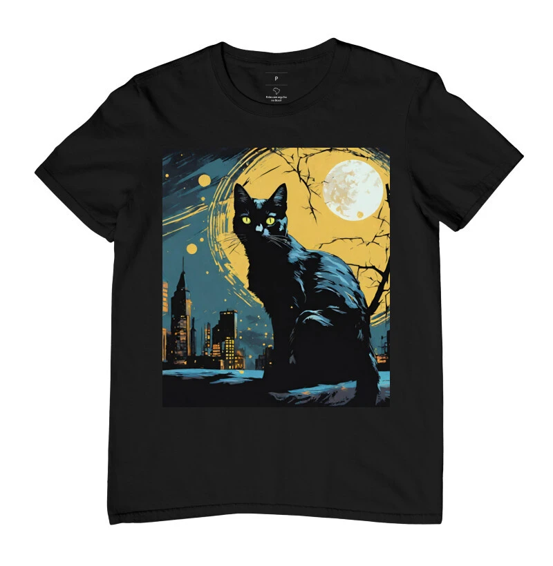 Camiseta B t-shirts Gato Preto ao Luar da Cidade