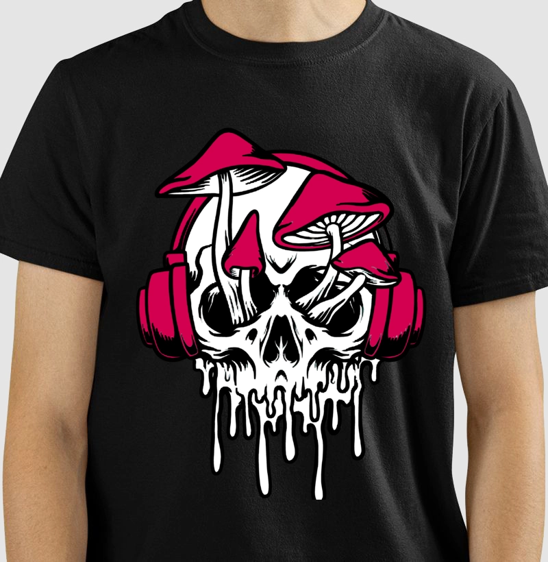 Caveira com fones de ouvido e cogumelos 