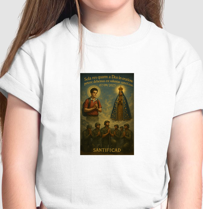 Camiseta Infantil Sola res quam a Deo in oratione petere debemus est voluntas sancti esse "Carlo Acutis e Nossa Senhora de Aparecida"