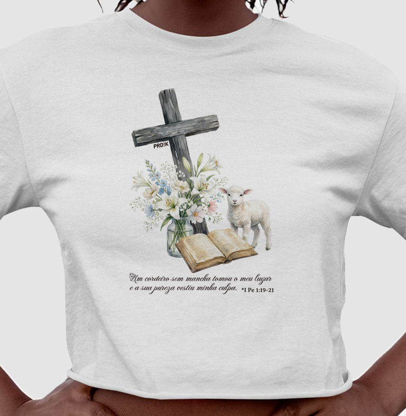Cropped Algodão com Estampa - O Cordeiro Vestiu Minha Culpa