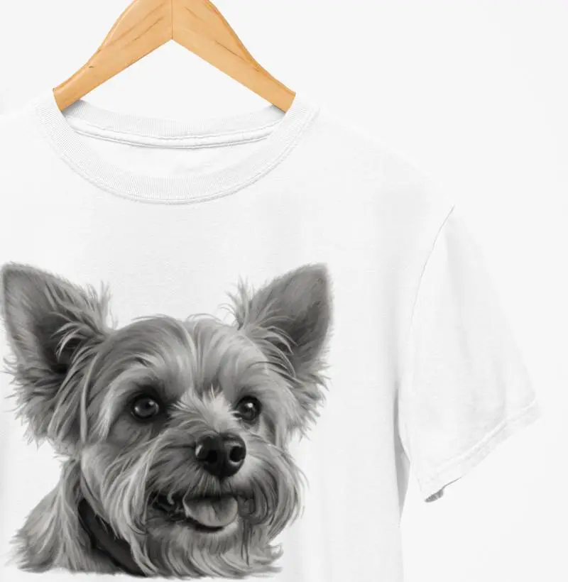 Camiseta Yorkshire preto e branco bigodinho lateral
