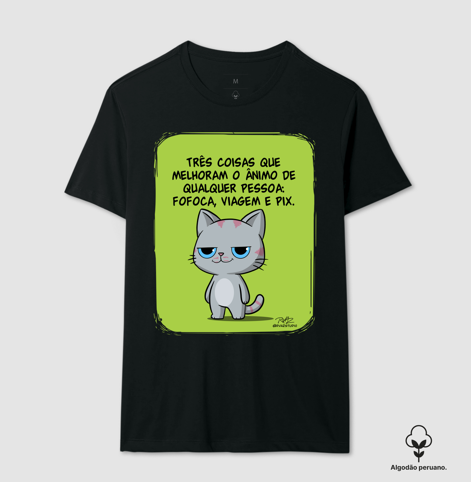 Camiseta Gato Sincero Fofoca Viagem e Pix