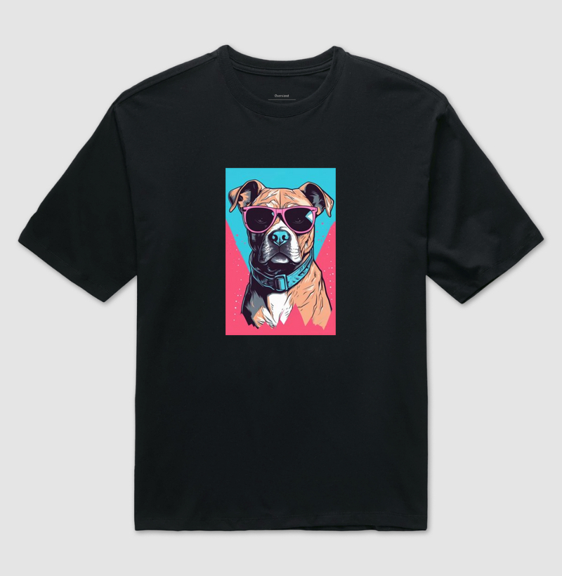Pit bull de óculos escuro fundo azul e rosa