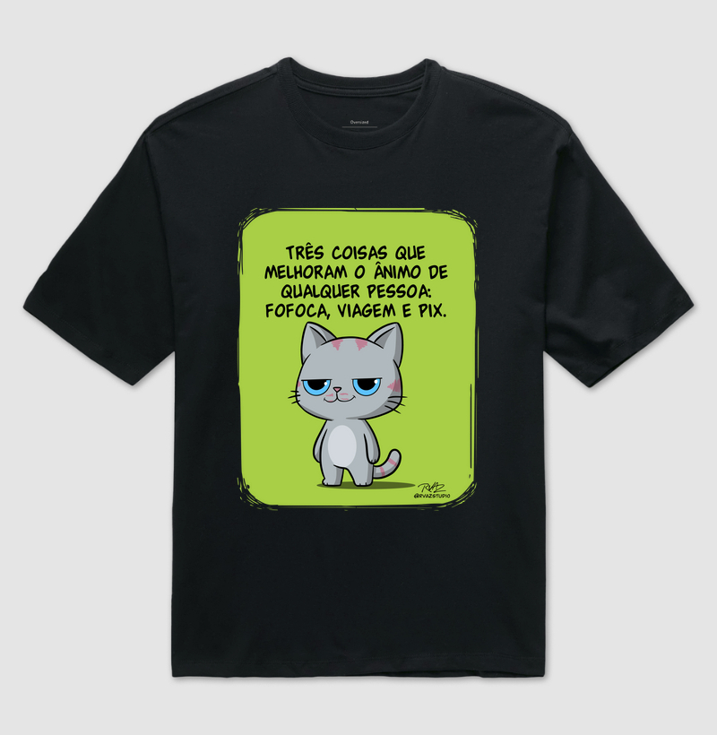 Camiseta Gato Sincero Fofoca Viagem e Pix
