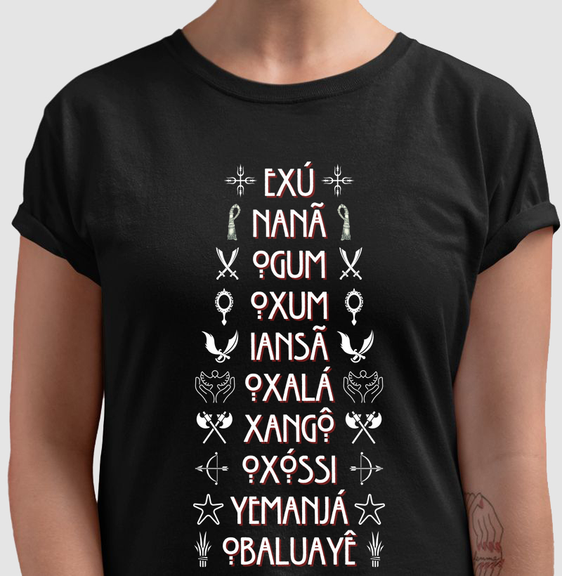 Camiseta 10 Orixás Sombreado Símbolos Preta Feminina