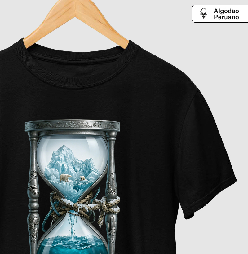Camiseta Premium Algodão Peruano AROUA Studio (IA) — Ampulheta do Degelo (Asfixia Azul, Tanguis, Blue on White, Premium)