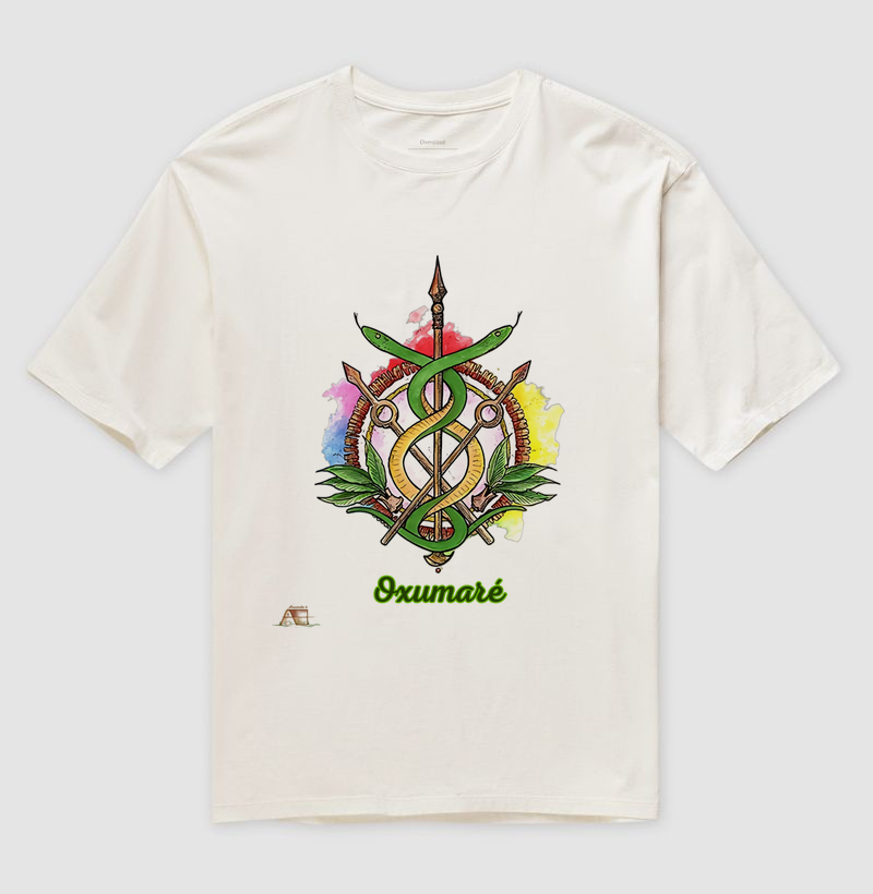 Camiseta Oversized Aruanda ê Brasão de Oxumaré Renovação e Movimento em 100% Algodão