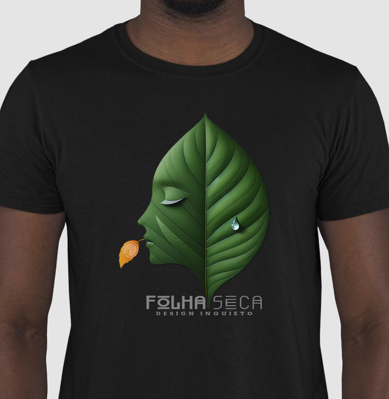 Camiseta Estampa Rosto Folha com Gota D'agua Folha Seca