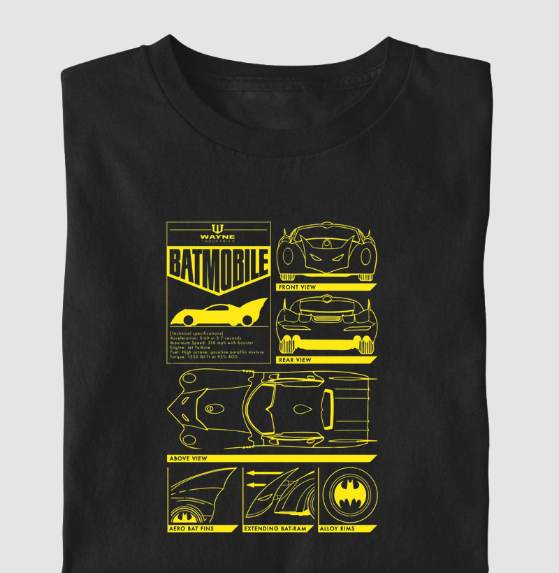 Camiseta Batmóvel - Esquema Técnico Wayne Industries