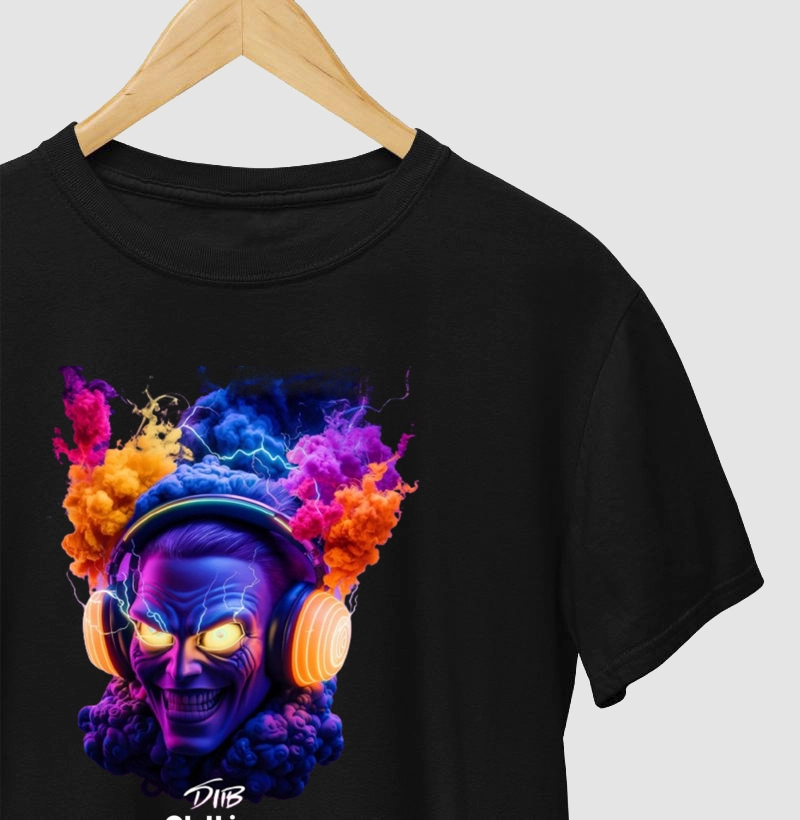 diib clothing personagem maligno adornado com fones de ouvido de néon