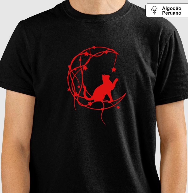 Gato, Lua e estrelas. - Produto Premium - Algodão Peruano