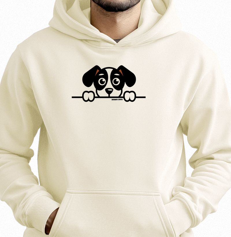 Cachorro preto e branco escondido