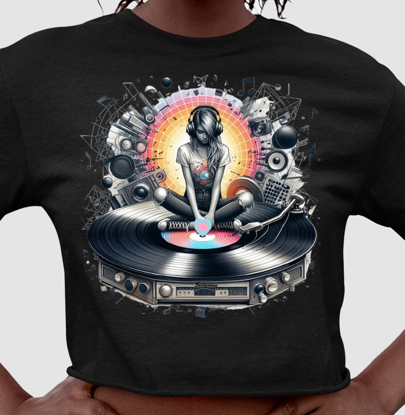 Estampa Garota Ouvindo Música em Vitrola com Disco de Vinil 