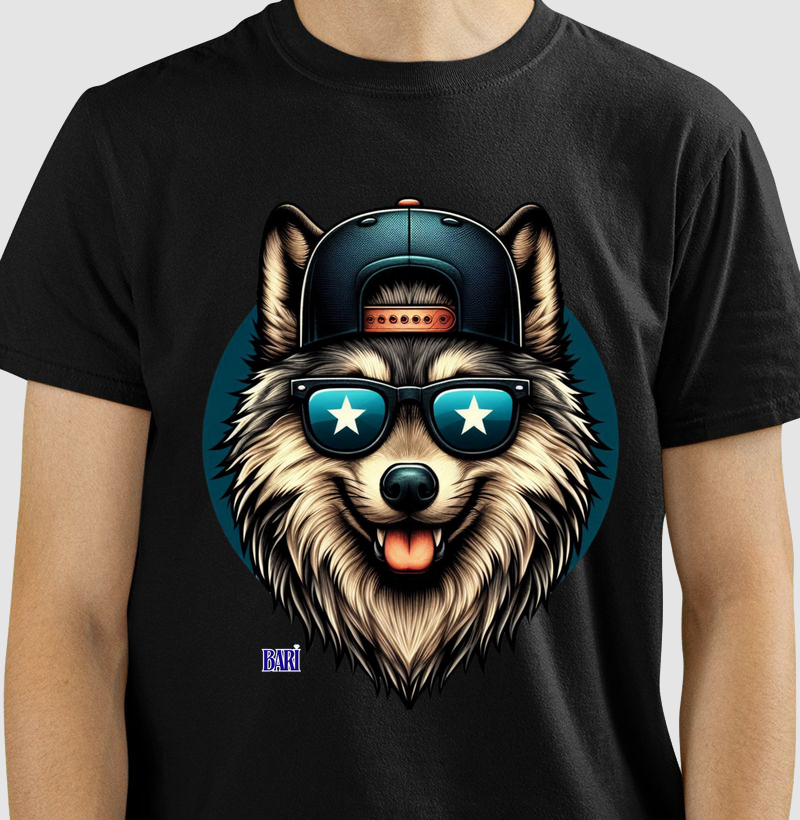 Camiseta com Estampa de Lobo com Óculos
