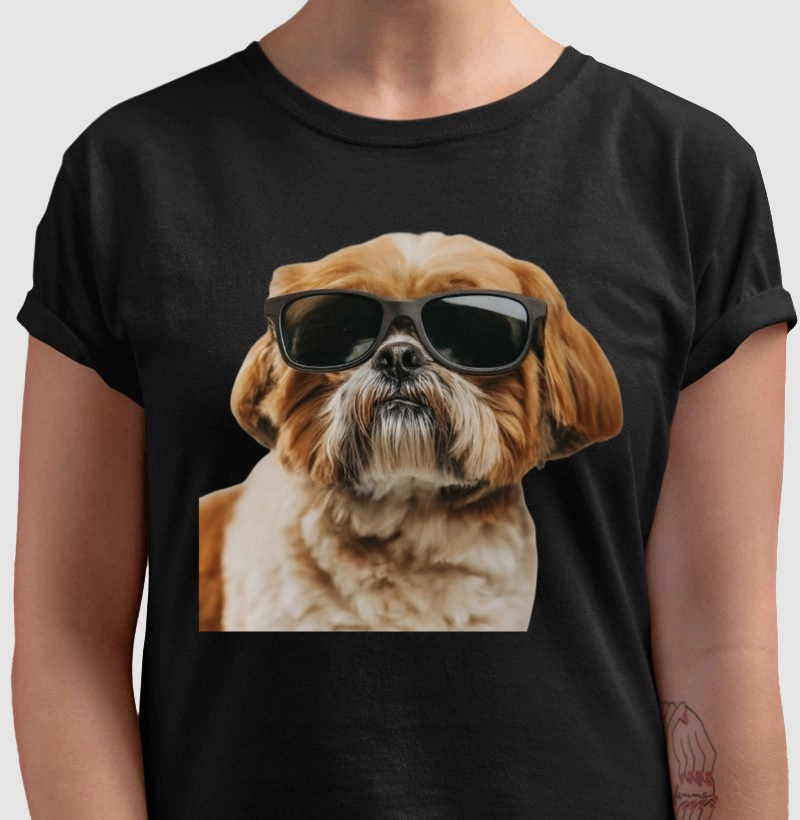 Camiseta Shih Tzu Branco e Caramelo de Oculos