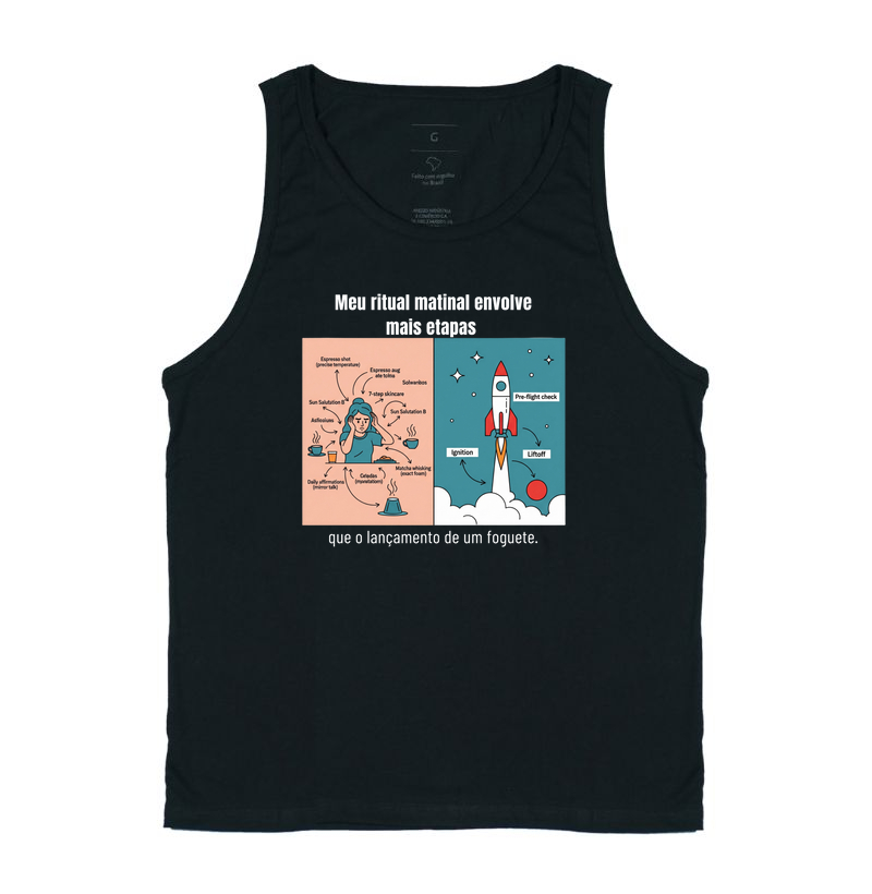 Camiseta Café - Meu ritual matinal envolve mais etapas que o lançamento de um foguete.