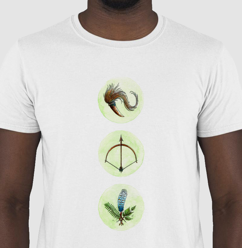 Camiseta Símbolos de Axé oxossi, Oyá e Logum Edé 100% Algodão