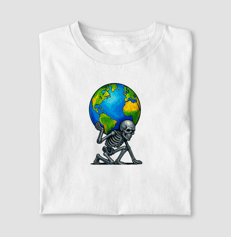Camiseta caveira carregando o mundo