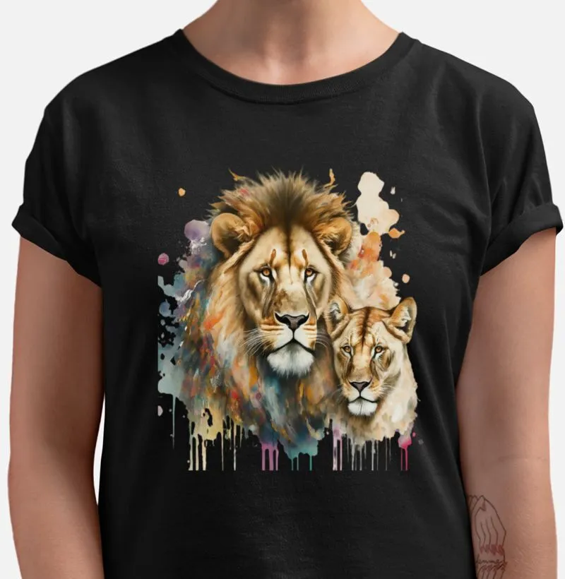 Camiseta Casal de Leões Com Gotas de Tintas 
