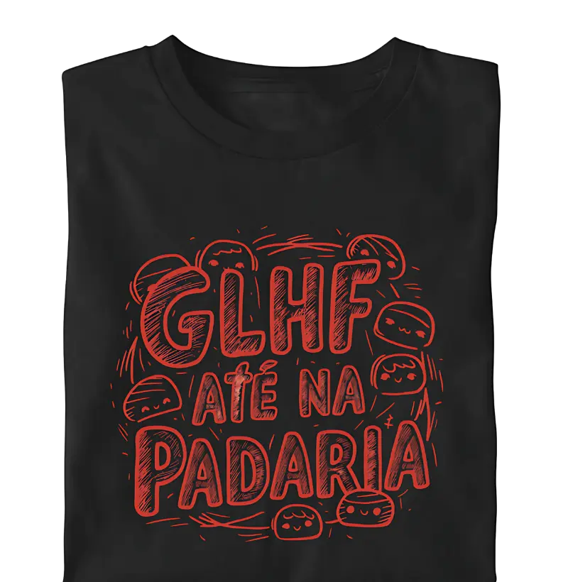"GLHF até na padaria" com pãezinhos sorridentes e arte descontraída